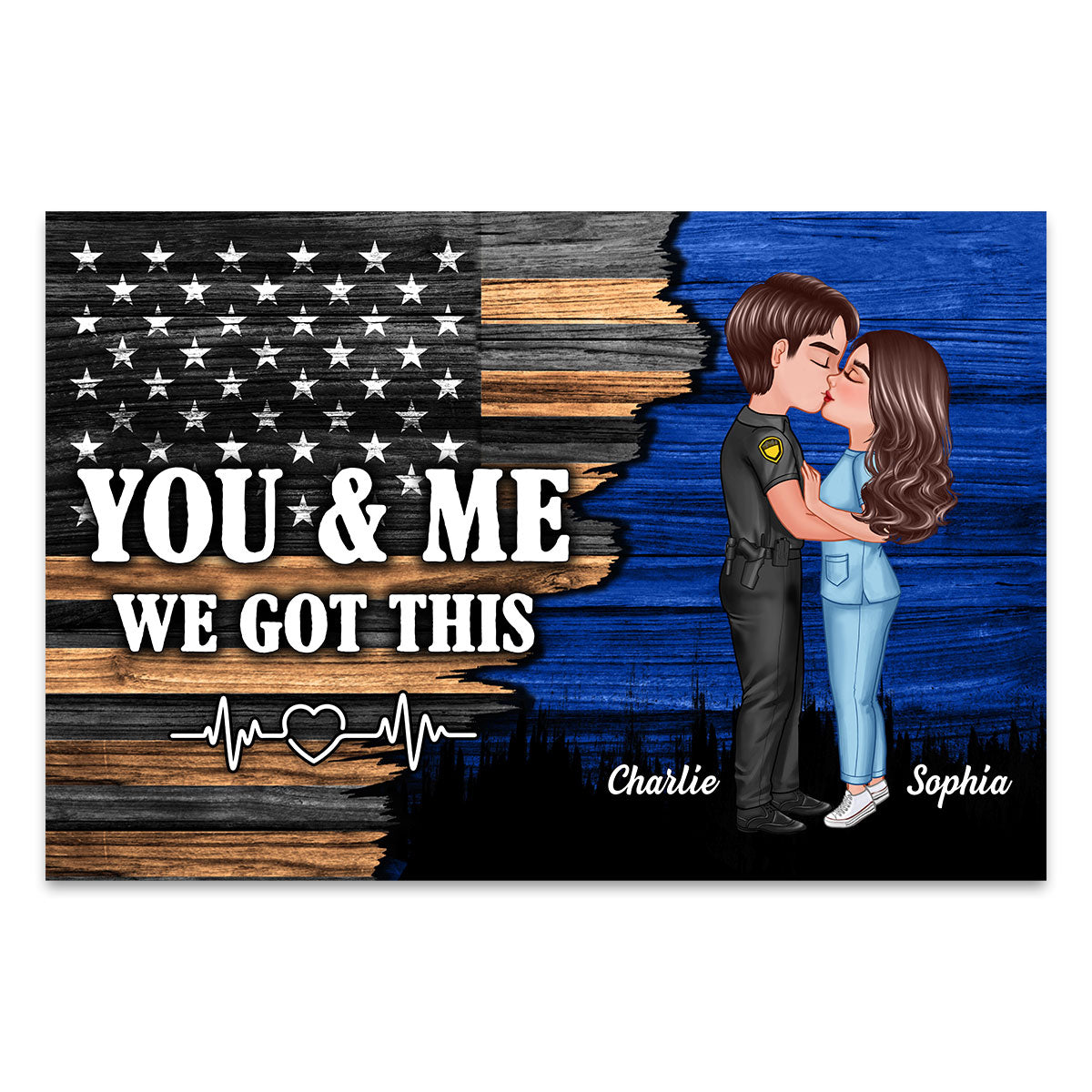 Hero Couple Kissing Half Flag Gifts by Occupation Firefighter, Nurse, Police Officer Personalized Canvas