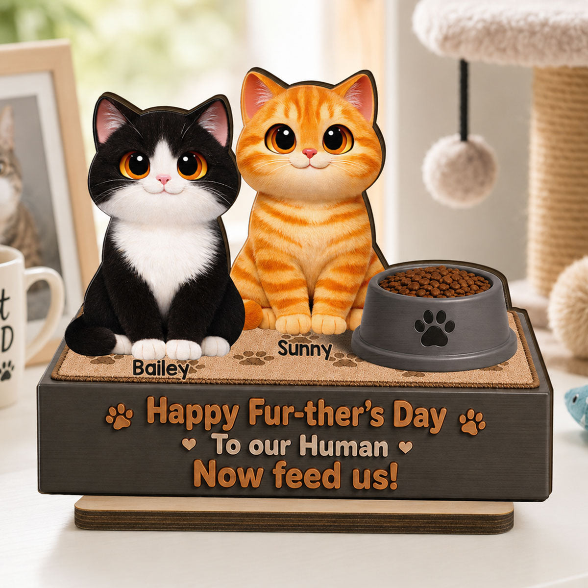 Cute Fluffy Cats Happy Fur-ther's Day Human - Personalized 2-Layered Wooden Plaque - Funny Gift For Cat Dad, Cat Lovers