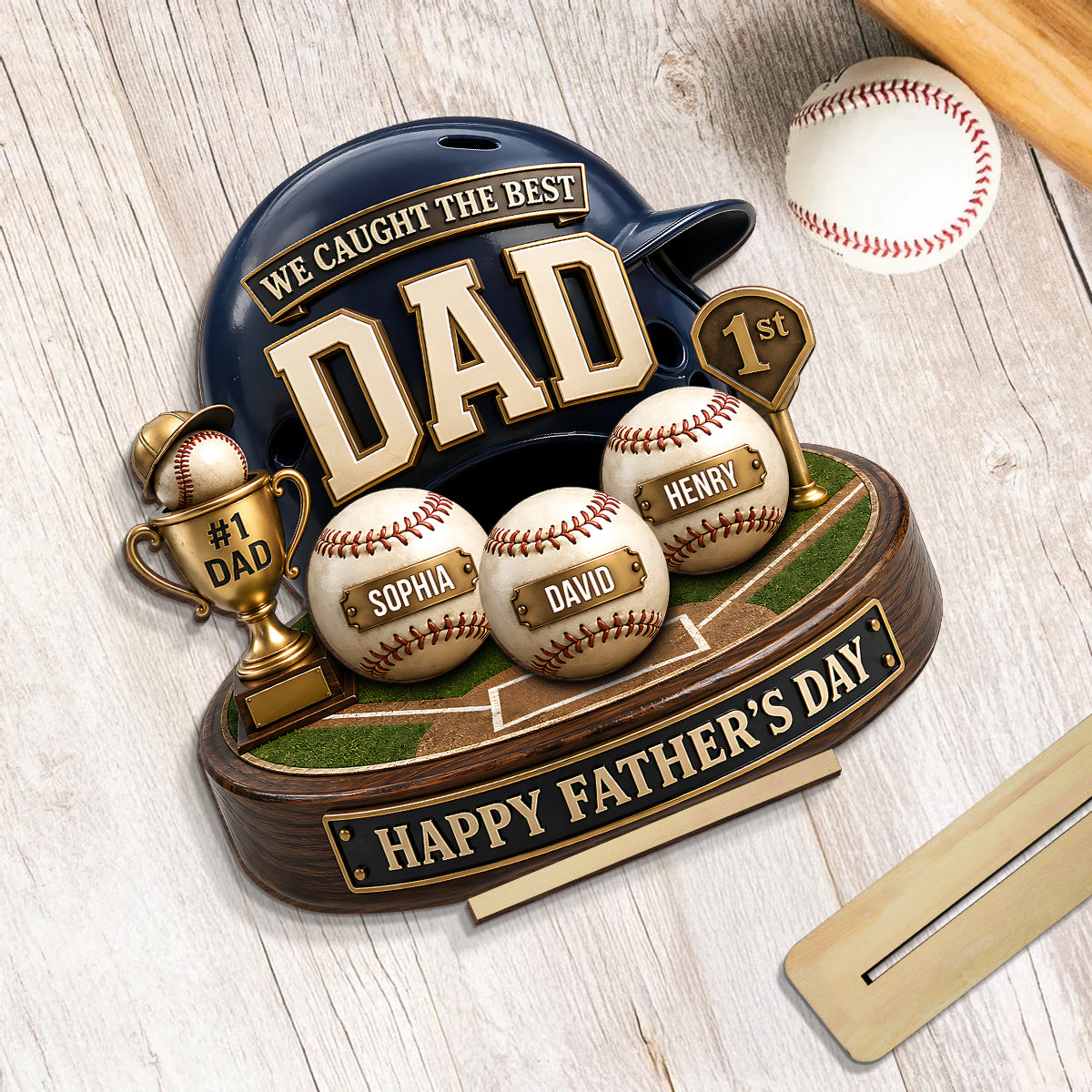 Baseball Trophy We Caught The Best Dad - Personalized 2-Layered Wooden Plaque - Gift For Dad, Husband