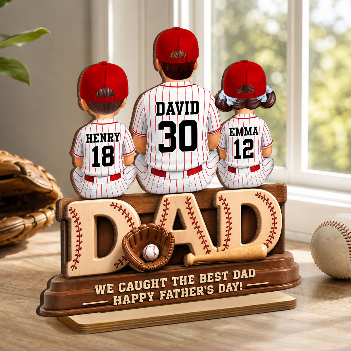 We Caught the Best Baseball Dad, Dad & Kids Back View - Personalized 2-Layered Wooden Plaque - Gift for Dad, Husband