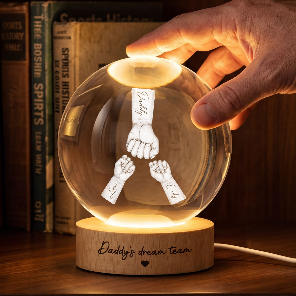 Daddy's Dream Team - Personalized Crystal Ball LED Night Light - Gift for Dad, Husband