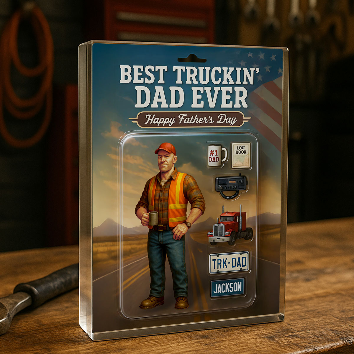 Best Truckin' Dad Ever Custom Action Figure Personalized Acrylic Block Plaque, Gift for Trucker Dads