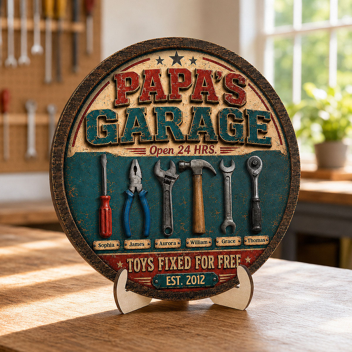 Papa Dad's Garage Toys Fixed For Free Custom Kid Name 2D Flat - Personalized 2-Layered Wooden Plaque - Gift For Mechanic Dad, Grandpa