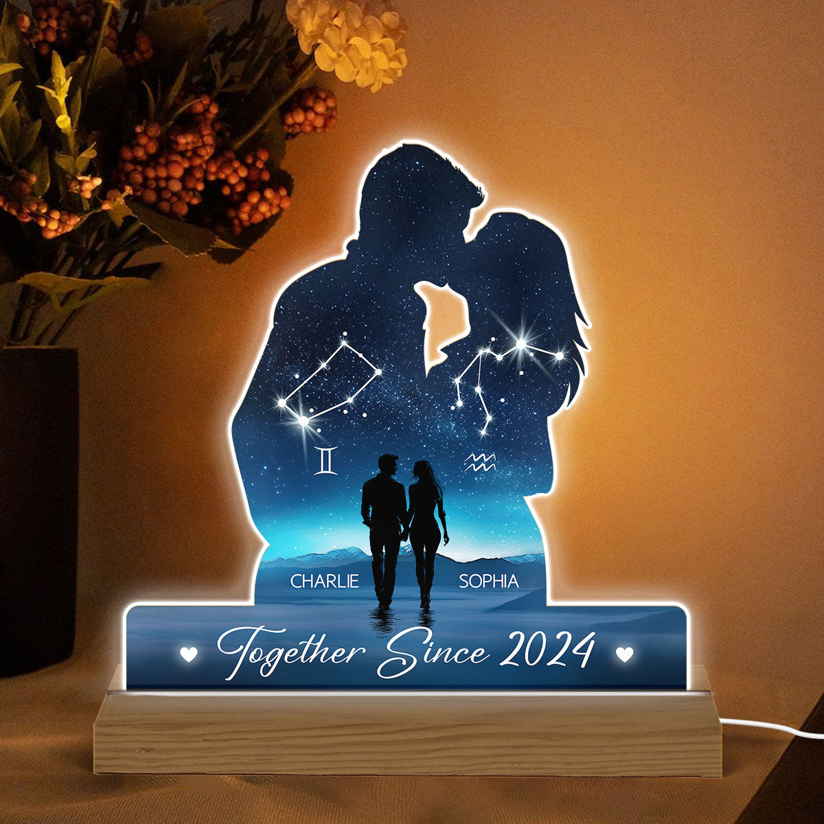 Our Love Was Written In The Stars Personalized Couple Kissing Shaped Acrylic LED Night Light, Anniversary Gift For Her, For Him, Husband, Wife