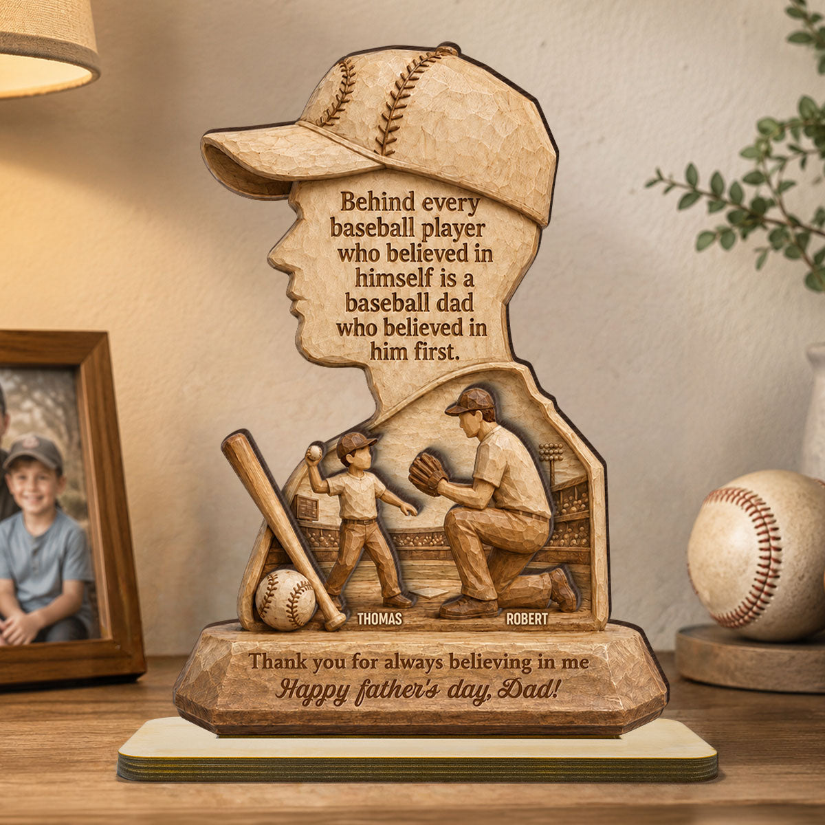 Behind Every Baseball Player is a Baseball Dad - Personalized 2-Layered Wooden Plaque - Gift for Dad, Husband