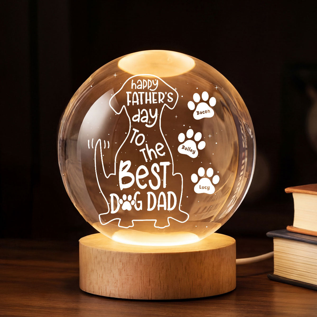 Happy Dog Dad - Personalized Crystal Ball LED Night Light - Heartfelt Gift for Husband