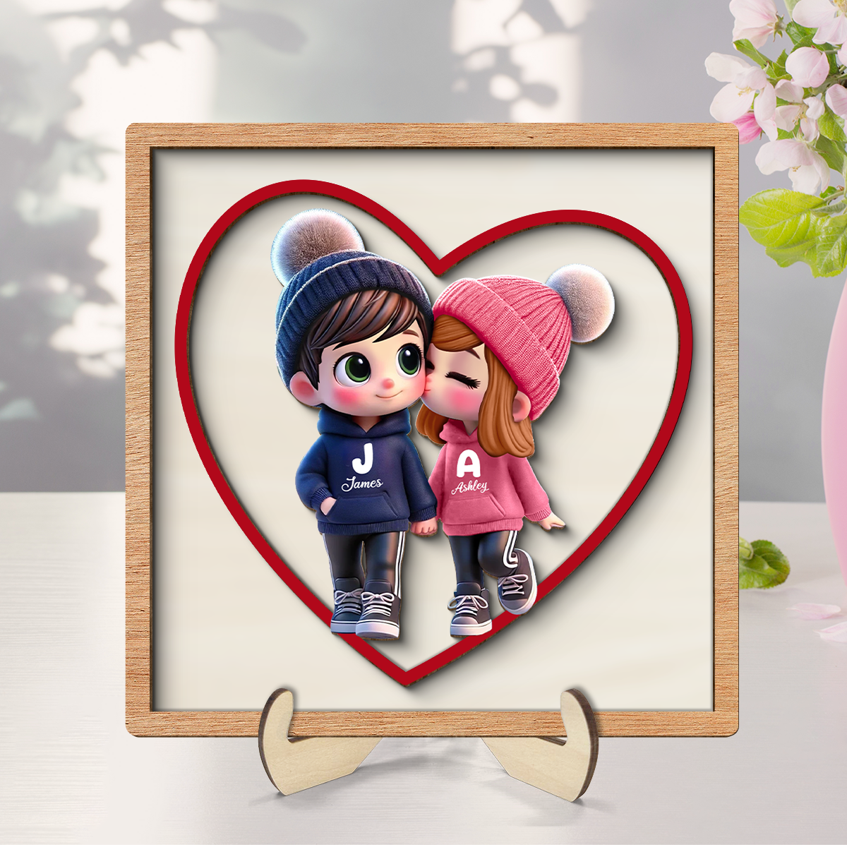 3D Effect Personalized Initials Heart Sign Personalized 2-Layered Wooden Plaque, Cute Cartoon Couple Walking, Tiered Tray Valentines Signs or Shelf Signs