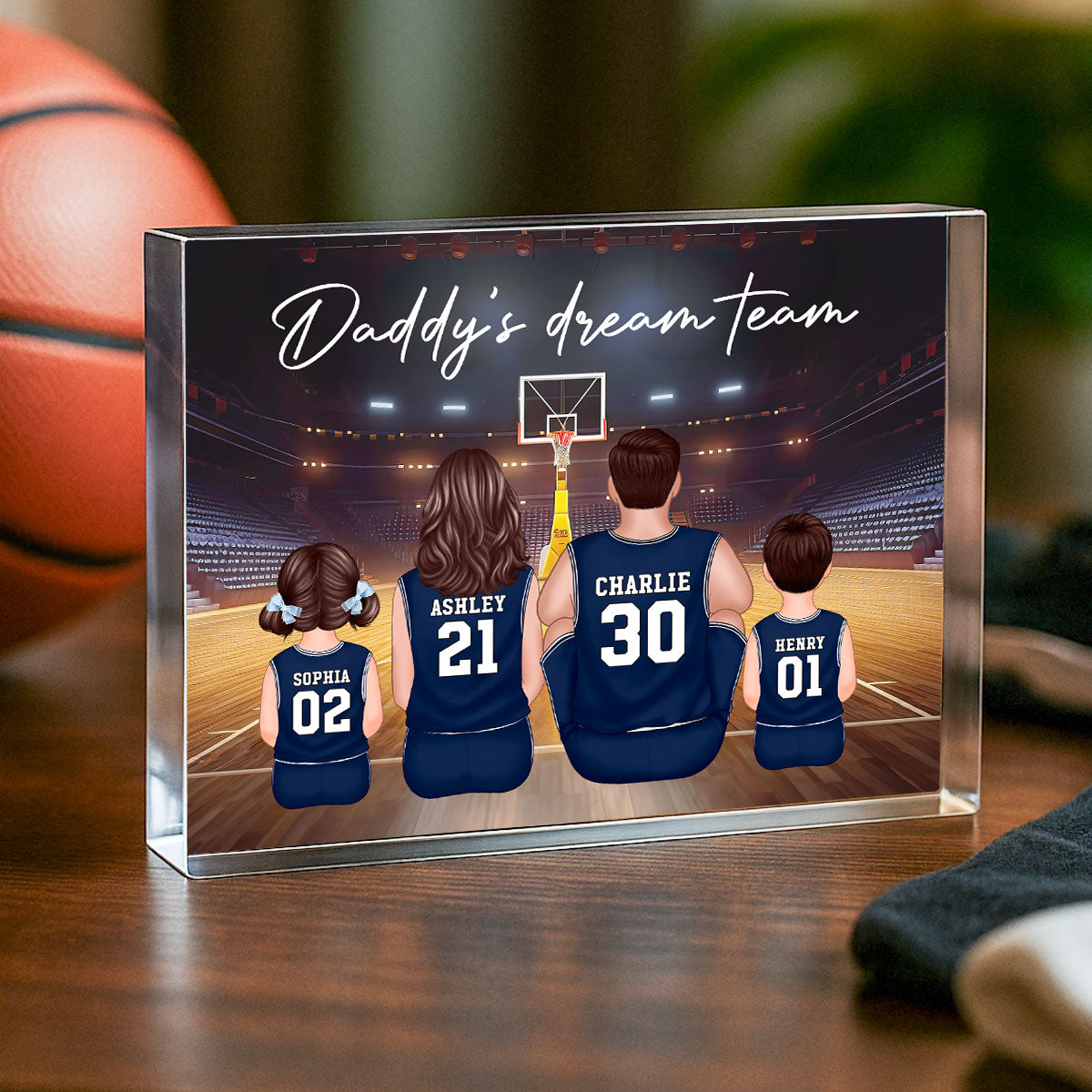 Daddy's Team Basketball Family Sitting Personalized Acrylic Block, Unique Gift for Dad, Gift for Husband