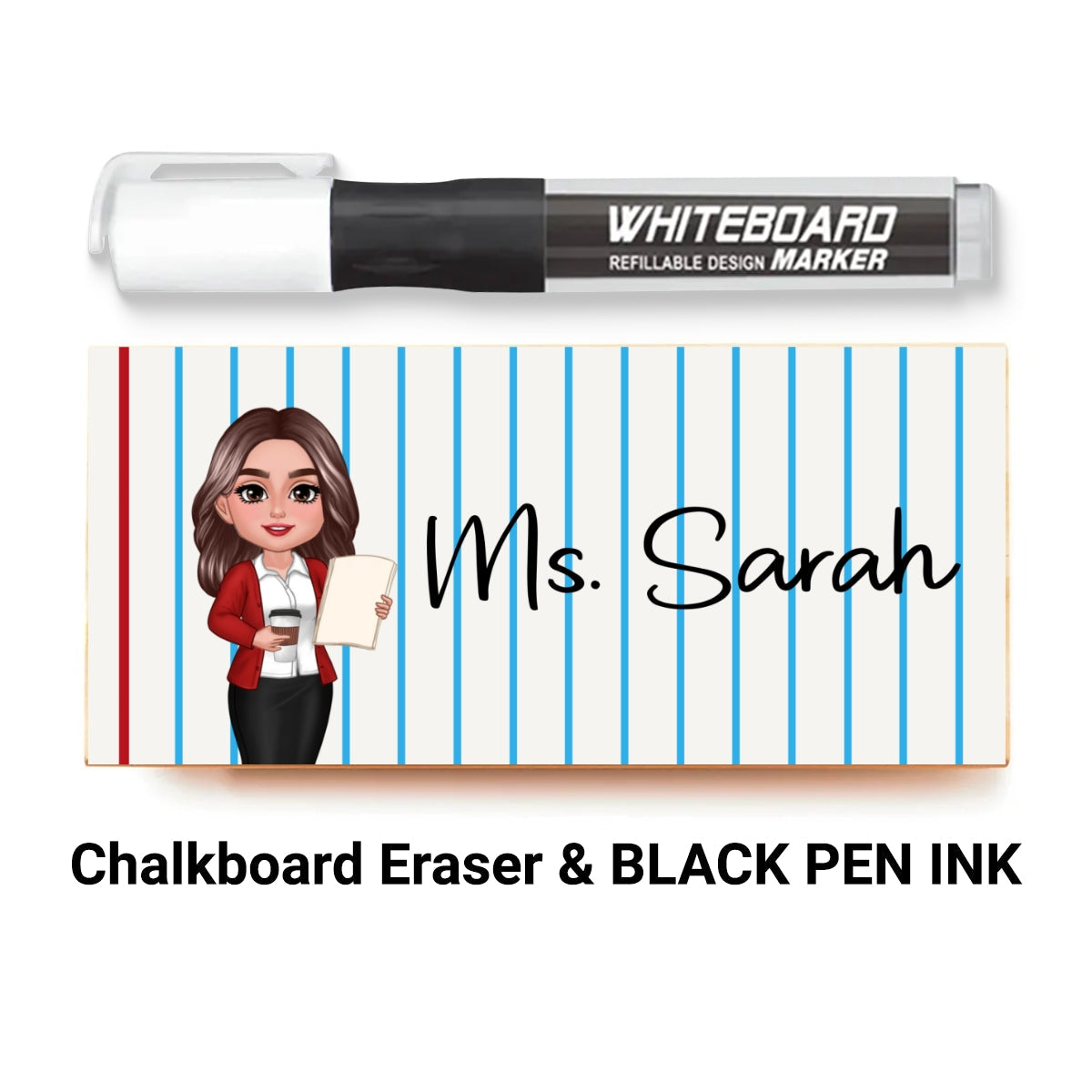 Doll Teacher Notebook Pattern Personalized Chalkboard/Whiteboard Eraser with Marker, Teacher Appreciation Gift, Back To School Gift