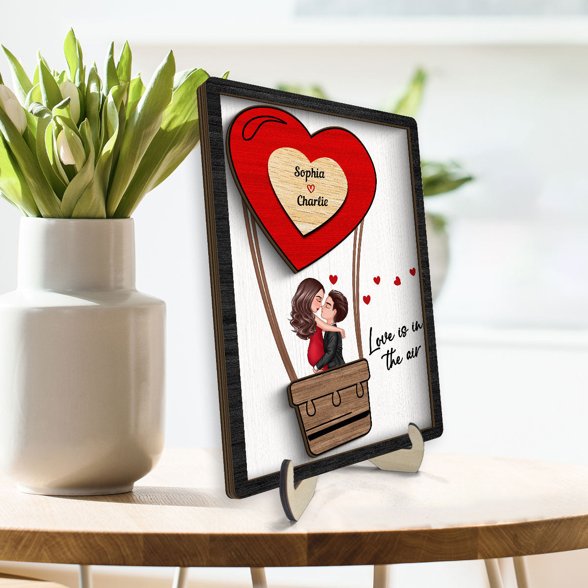 Couple Kissing On Air Balloon Gift Personalized 2-layer Wooden Plaque