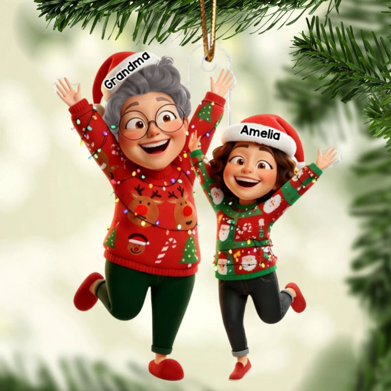 Happy Grandma Grandkid Jumping - Personalized Acrylic Ornament - Christmas Gift for Grandma, Grandkids