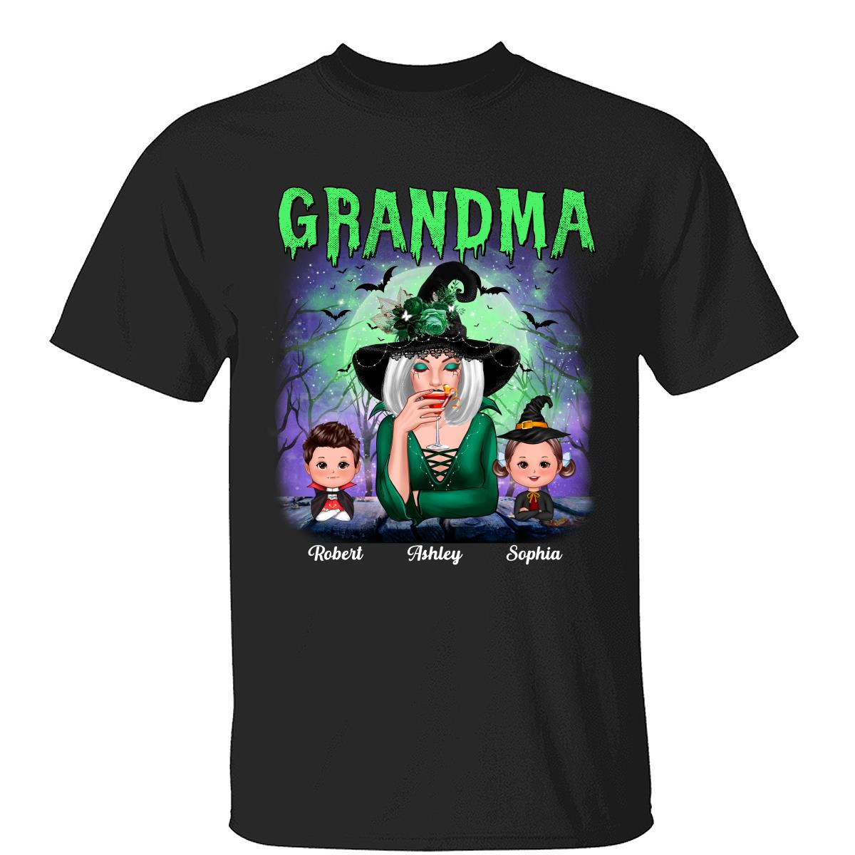 Halloween Neon Green And Purple Grandma With Grandkids Personalized Shirt