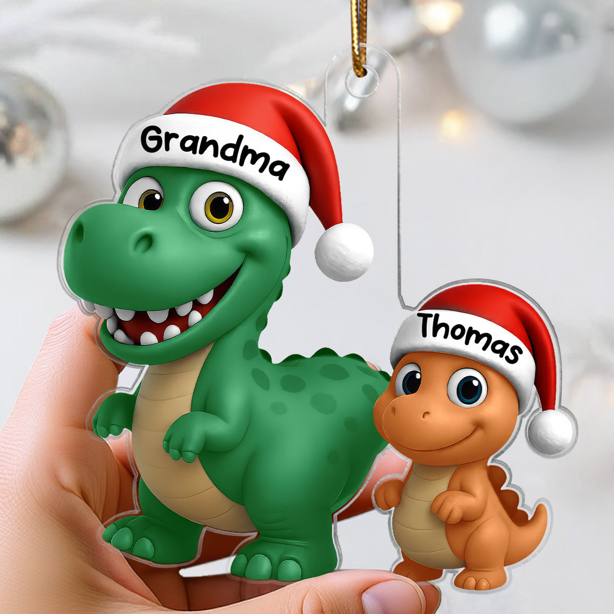 3D Effect Grandmasaurus Dinosaur Grandkid Walking Together - Personalized Acrylic Ornament