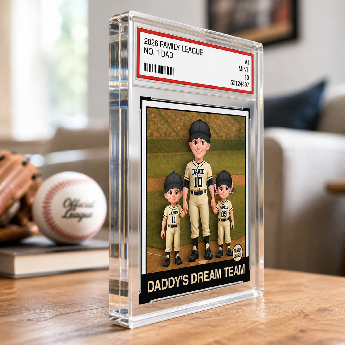 Baseball No. 1 Dad Man & Kids Trading Card Style - Personalized Acrylic Block Plaque - Gift For Baseball Dad