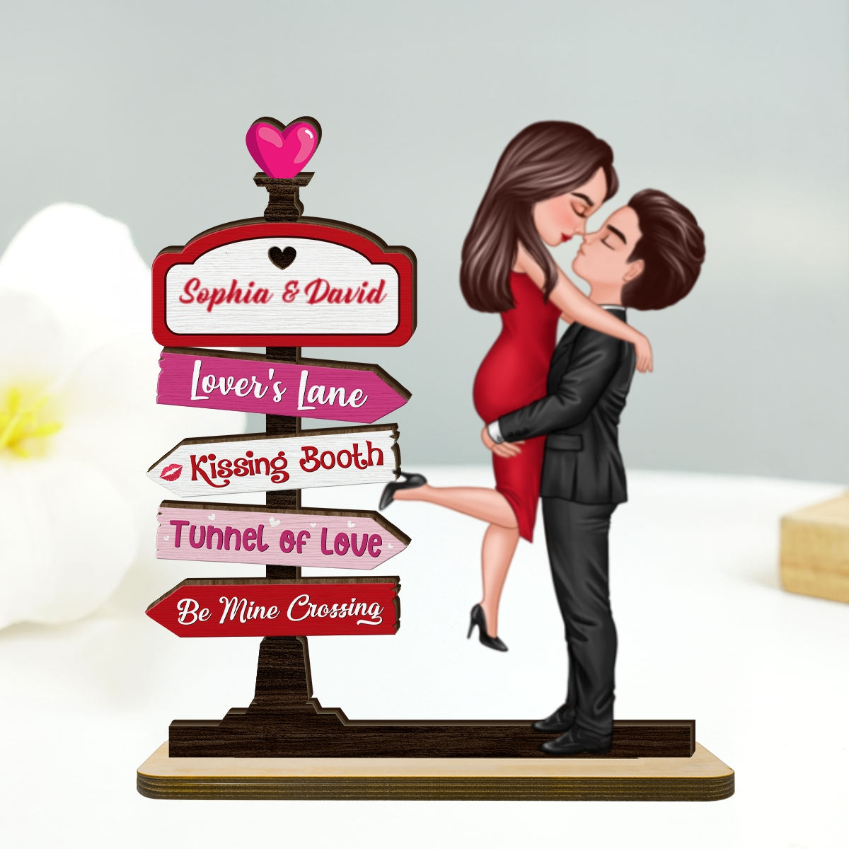 Couple Hugging Kissing Directional Sign Home Decor Personalized 2-Layer Standing Wooden Plaque