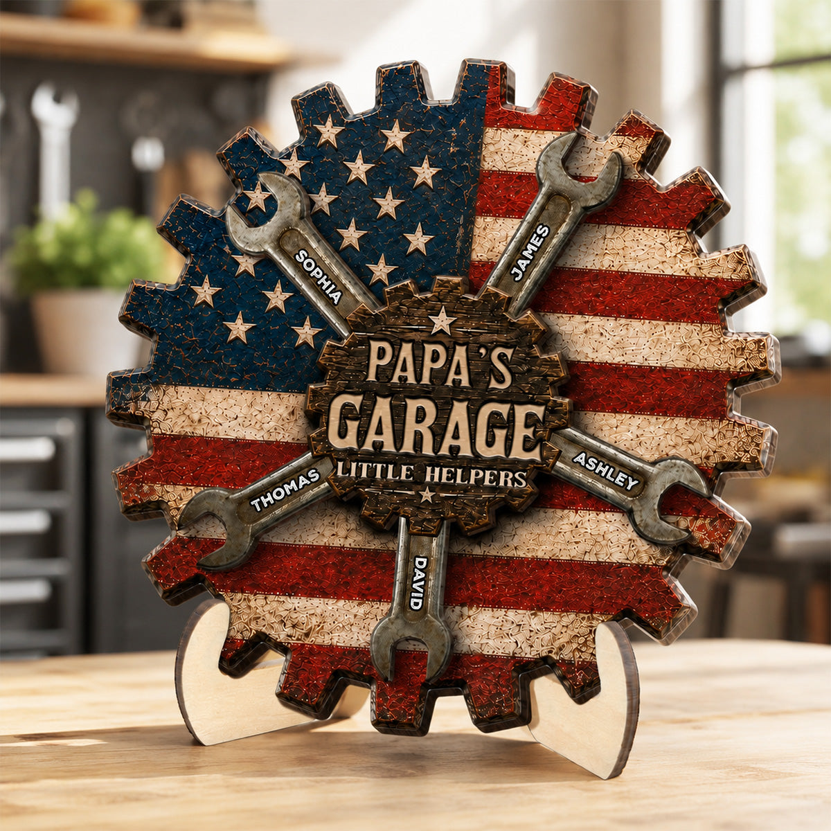 Rustic Workshop Little Helpers Nation Flag Theme 2D Flat - Personalized 2-Layered Wooden Plaque - Gift For Patriotic Mechanic Dad, Grandpa