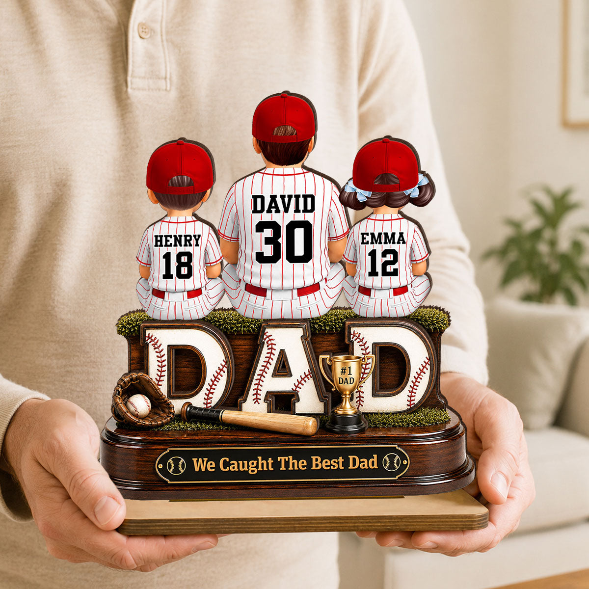 Baseball Dad and Children We Caught the Best Dad - Personalized 2-Layered Wooden Plaque - Gift for Dad, Husband