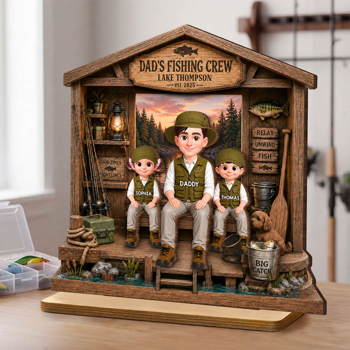 Daddy's Fishing Crew - Personalized 2-Layered Wooden Plaque - Gift for Dad, Husband