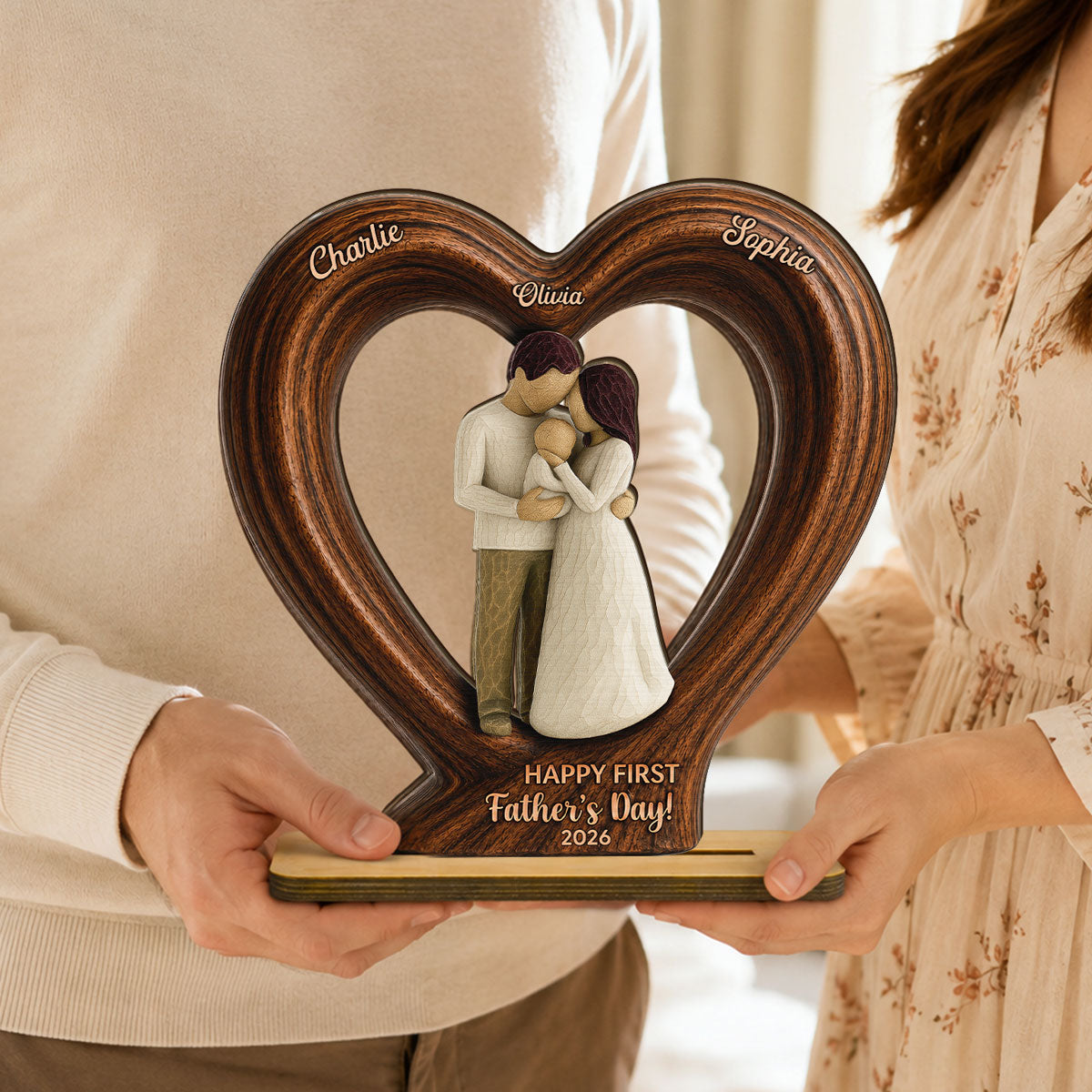 Happy First Dad From Mom And Baby 2D Flat Heart - Personalized 2-Layered Wooden Plaque - Heartfelt Gift For Husband, New Dad