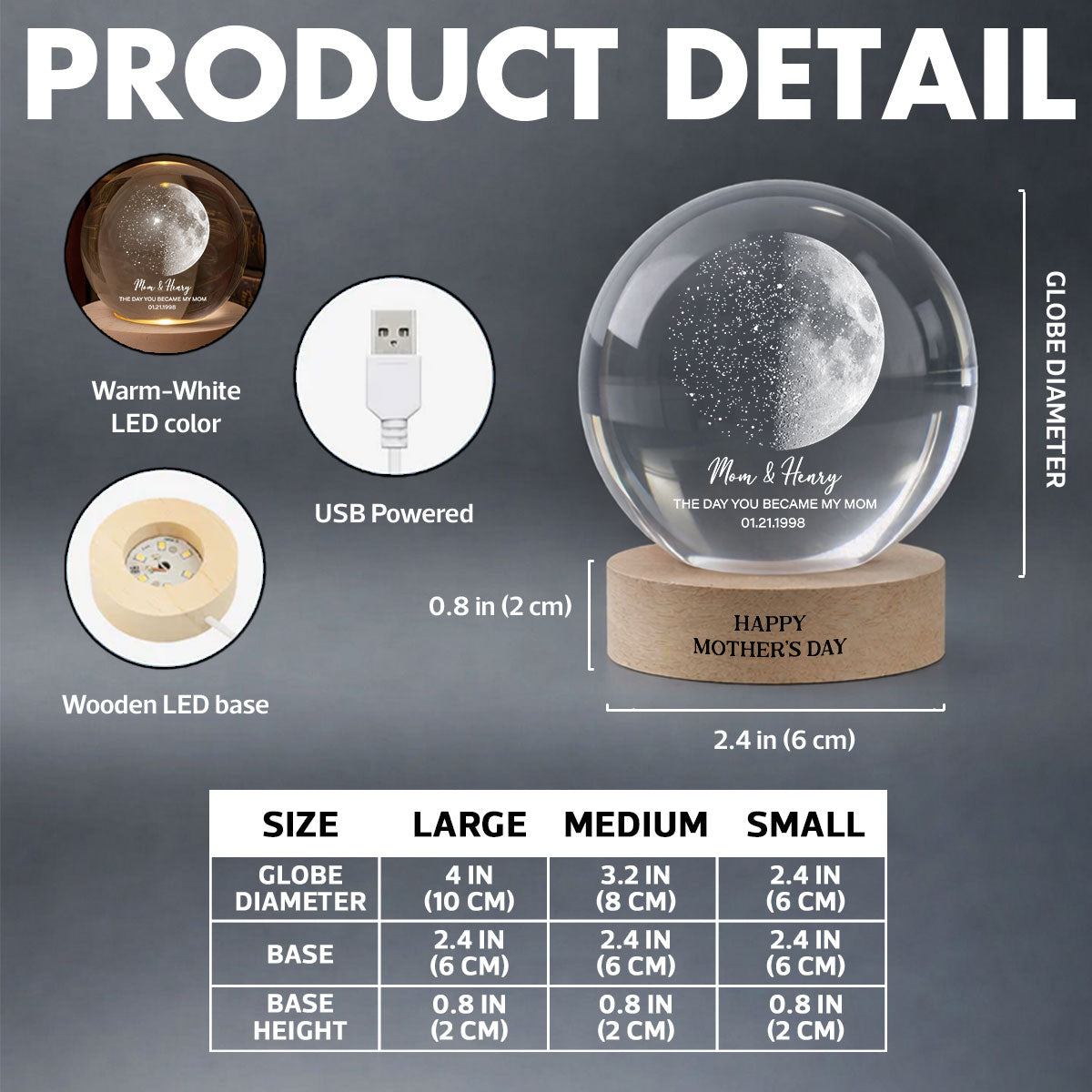 Custom Moon Phase & Star Map by Date Engraved Wooden Base - Personalized Crystal Ball LED Night Light - Heartfelt Gift for Mom