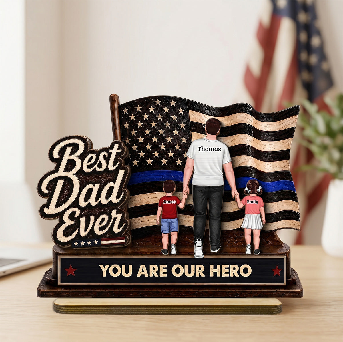 Best Dad Ever Our Hero American Flag 2D Flat - Personalized 2-Layered Wooden Plaque - Gift For Patriotic Dad, Grandpa, Husband