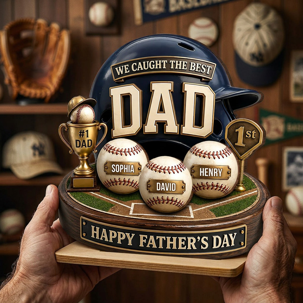 Baseball Trophy We Caught The Best Dad - Personalized 2-Layered Wooden Plaque - Gift For Dad, Husband