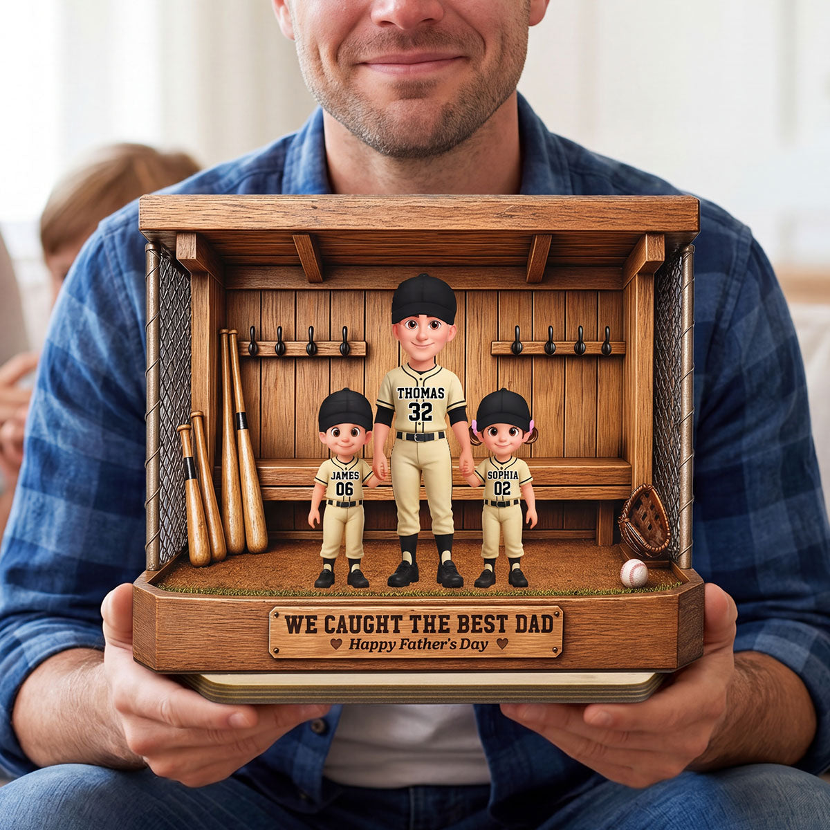 Baseball Dugout Dad And Kids We Caught The Best Dad - Personalized 2-Layered Wooden Plaque - Gift For Dad