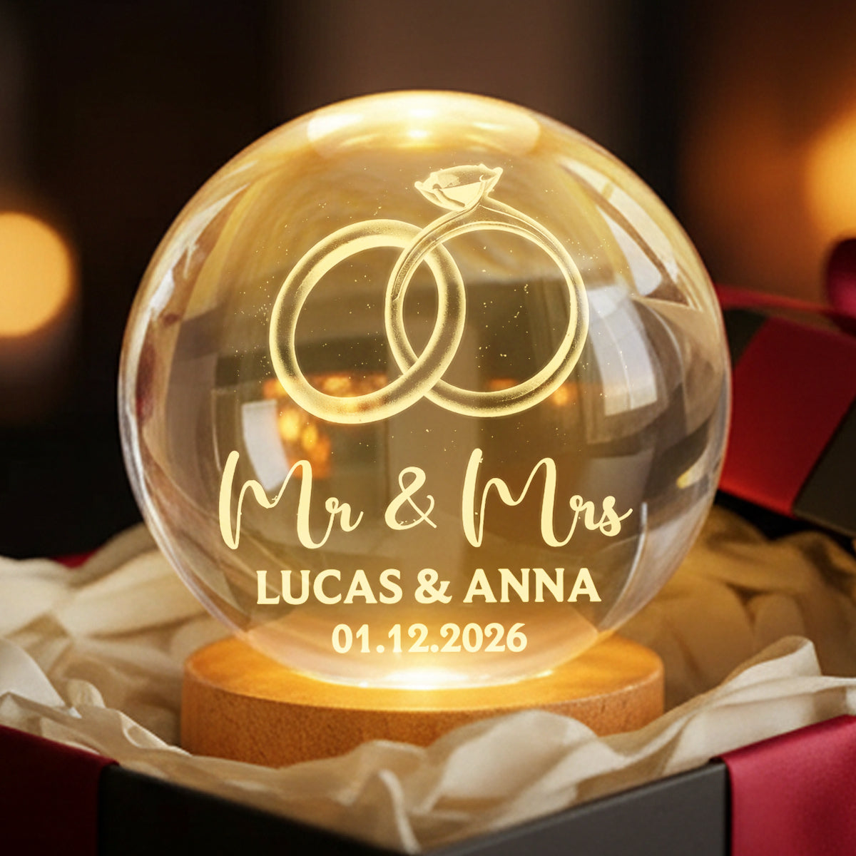 Couple Wedding Rings Interlocked - Personalized Crystal Ball LED Night Light - Heartfelt Valentine's Day Gift for Her, for Him, Wedding Anniversary Gift