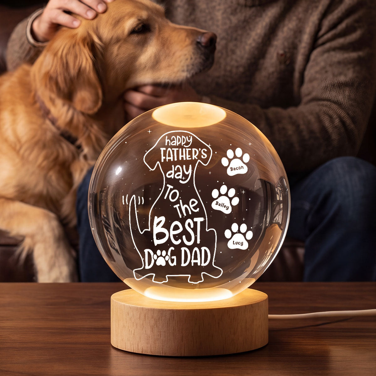 Happy Dog Dad - Personalized Crystal Ball LED Night Light - Heartfelt Gift for Husband