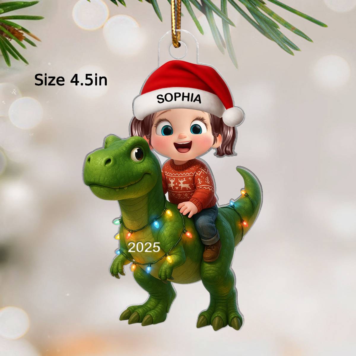 3D Effect Cute Cartoon Kid With Dinosaur Christmas - Personalized Acrylic Ornament - Unique Gift For Grandkids