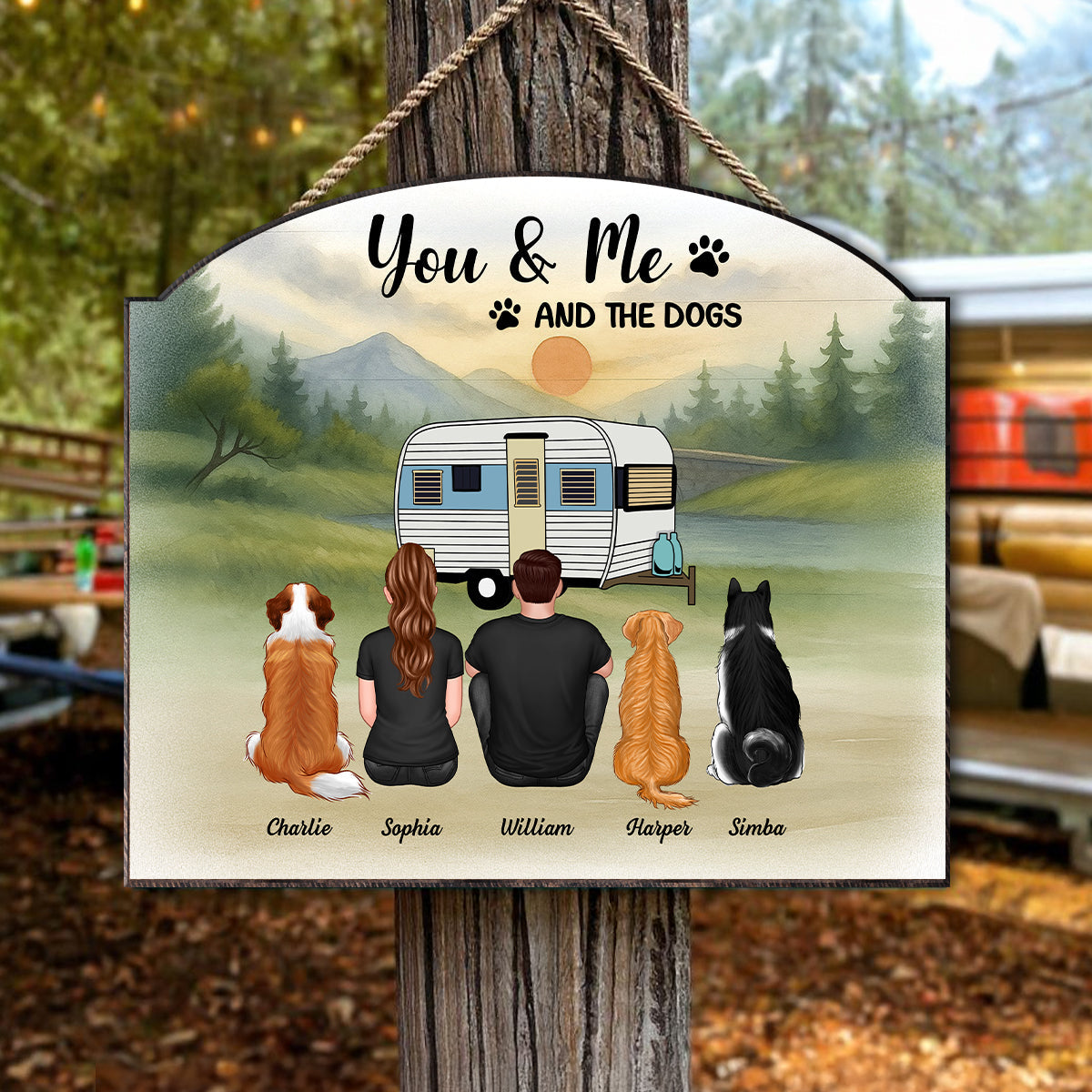 Couple And Dogs Camping Retro Mountain Personalized Wood Sign, Gift for Camping & Dog Lovers