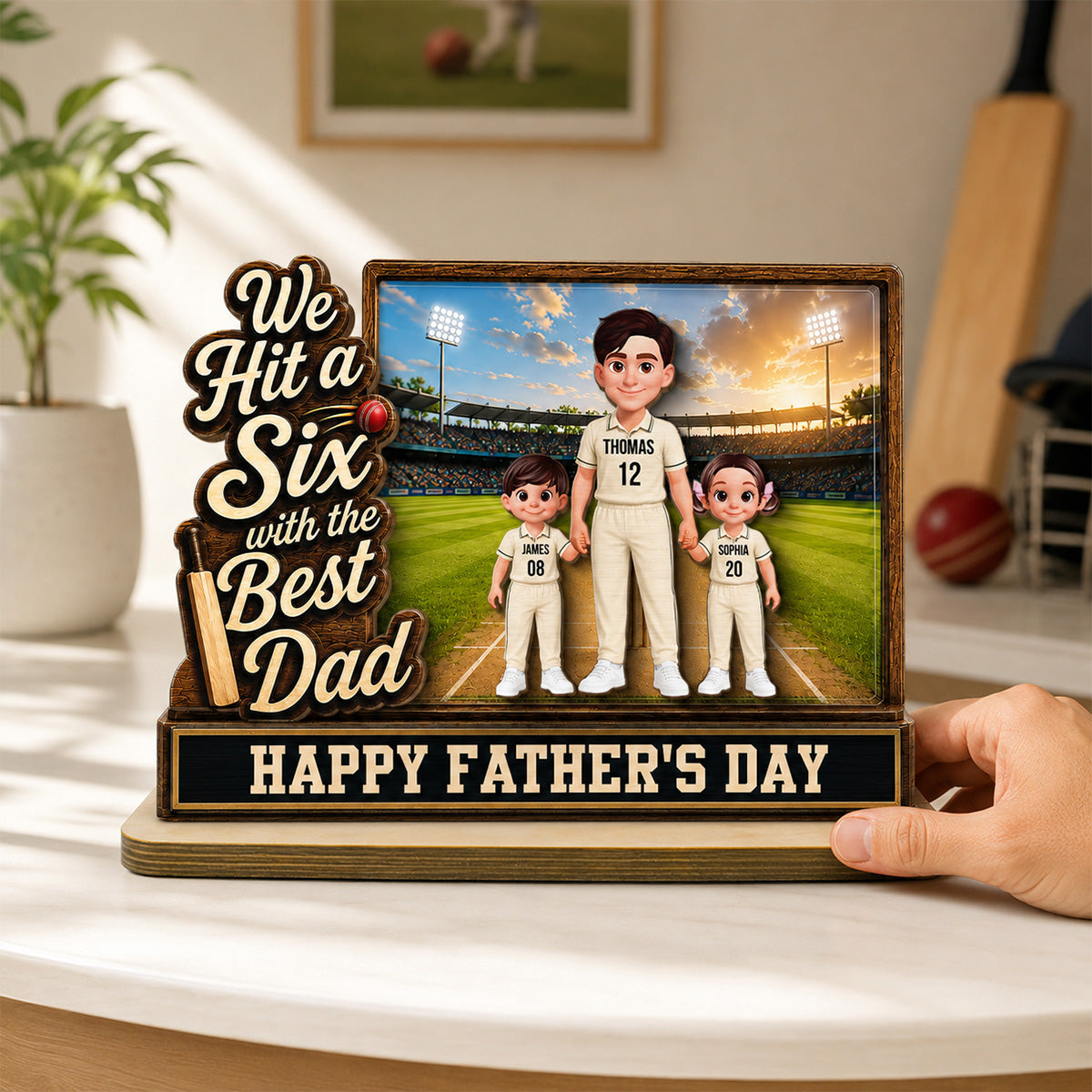 Hit A Six With The Best Dad Cricket Dad & Kids On Field 2D Flat - Personalised 2-Layered Wooden Plaque - Gift For Husband, Dad