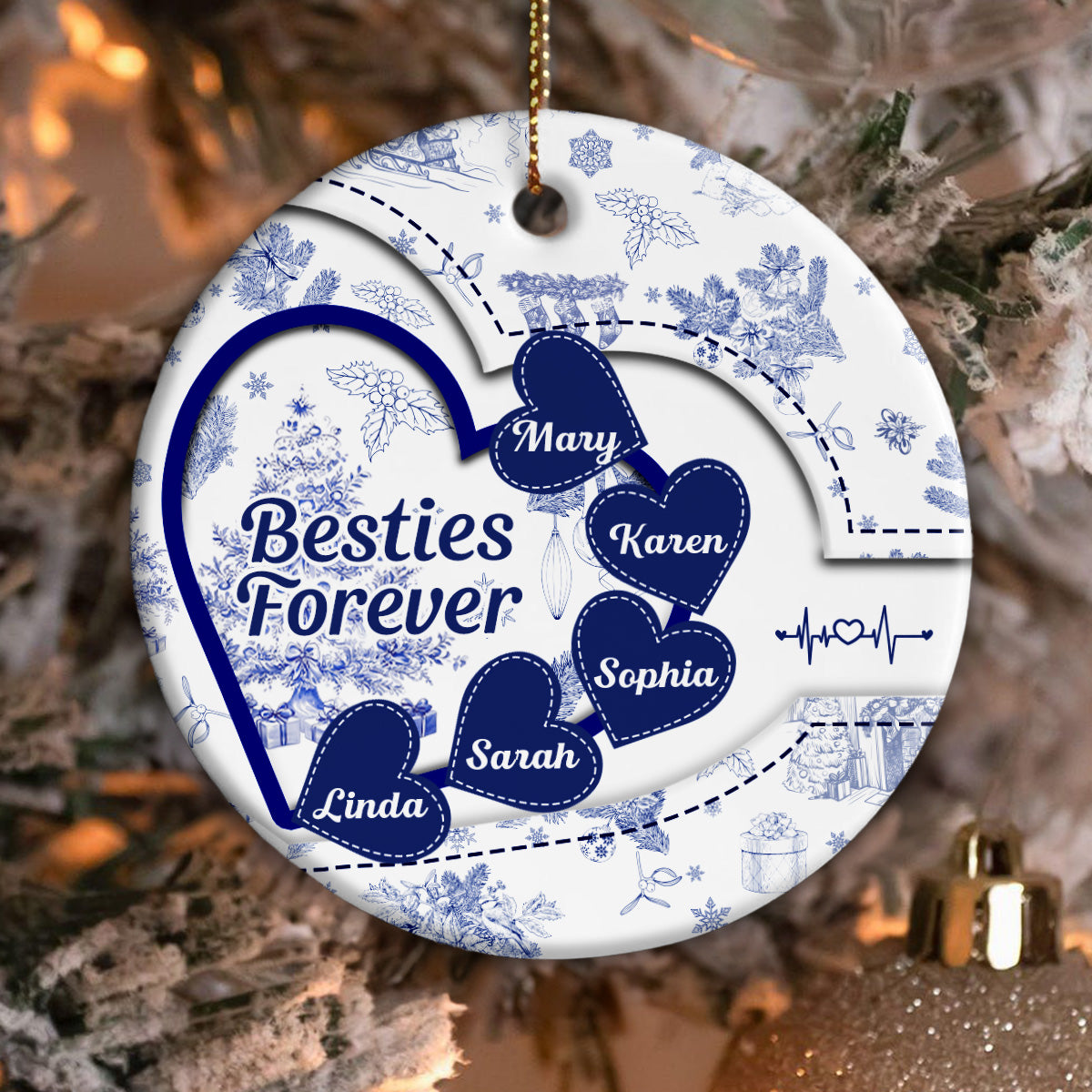 Besties With Hearts Toile De Jouy Style Personalized Circle Ornament