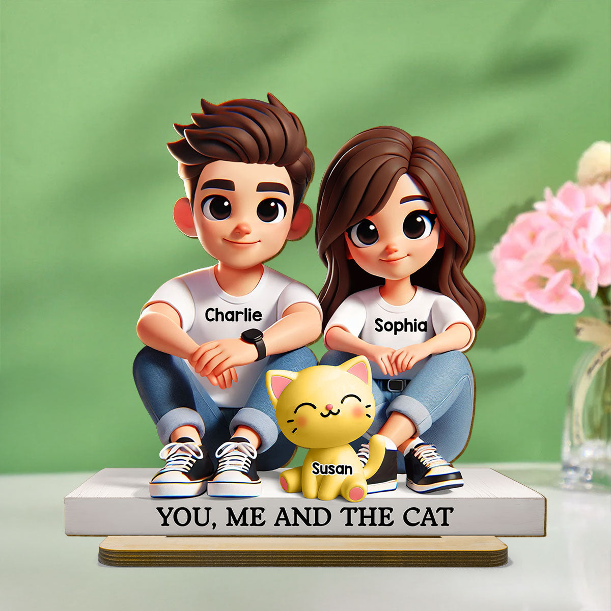 3D Effect Cute Couple And Dogs Cats Personalized Standing Wooden Plaque, Anniversary Gift, gift, Couple Keepsake