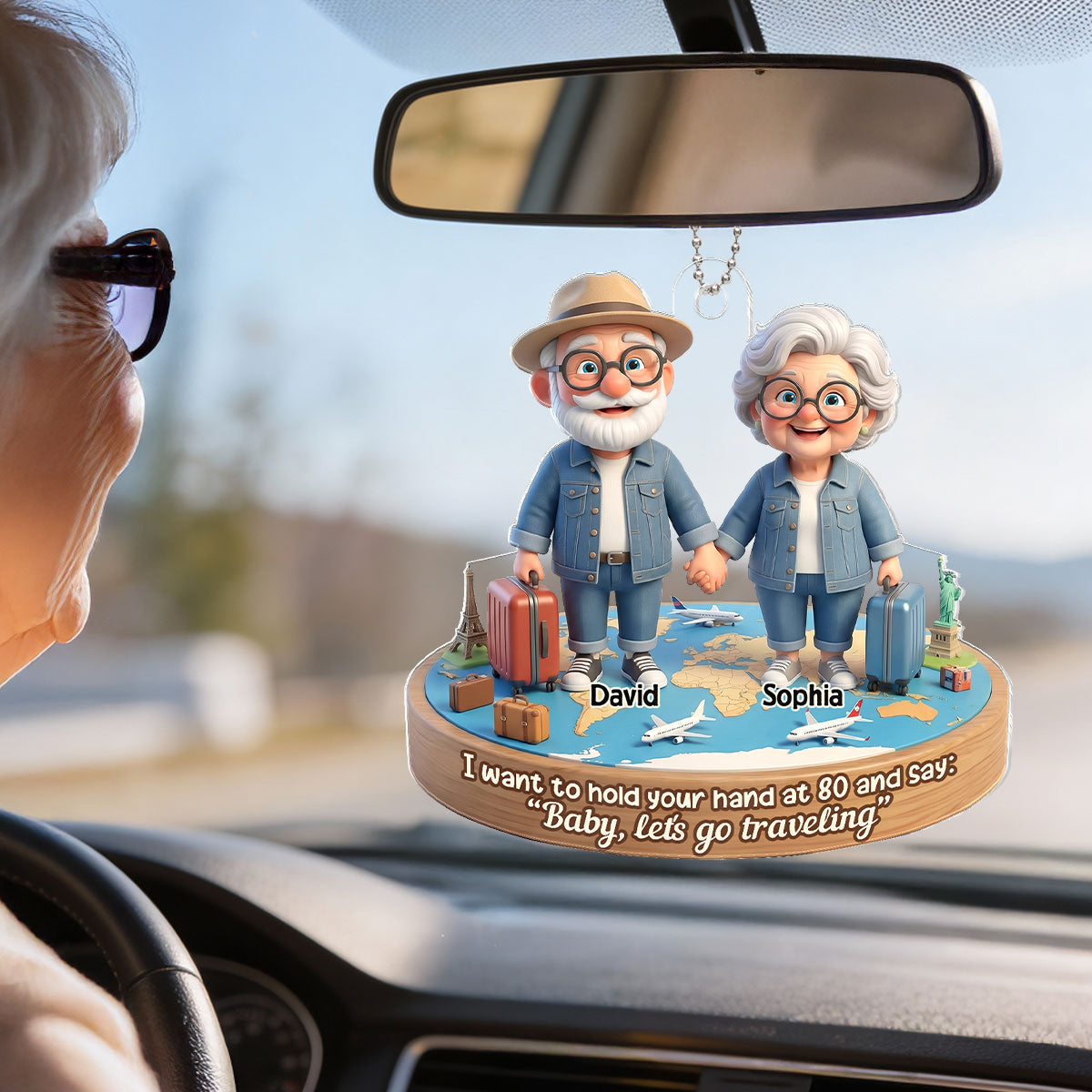3D Effect Old Couple Baby Let's Go Traveling - Personalized Acrylic Car Hanger - Sentimental Gift for him, for her