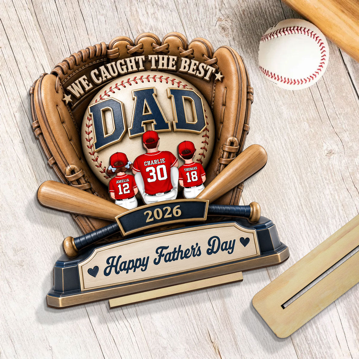 Dad's Greatest Catch Baseball - Personalized 2-Layered Wooden Plaque - Gift For Dad, Husband