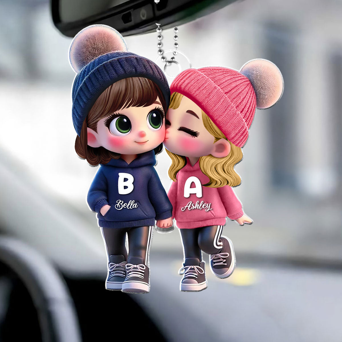 Personalized 3D Cartoon Lesbian Couple Car Ornament β Cute Acrylic Gift for Pride Month
