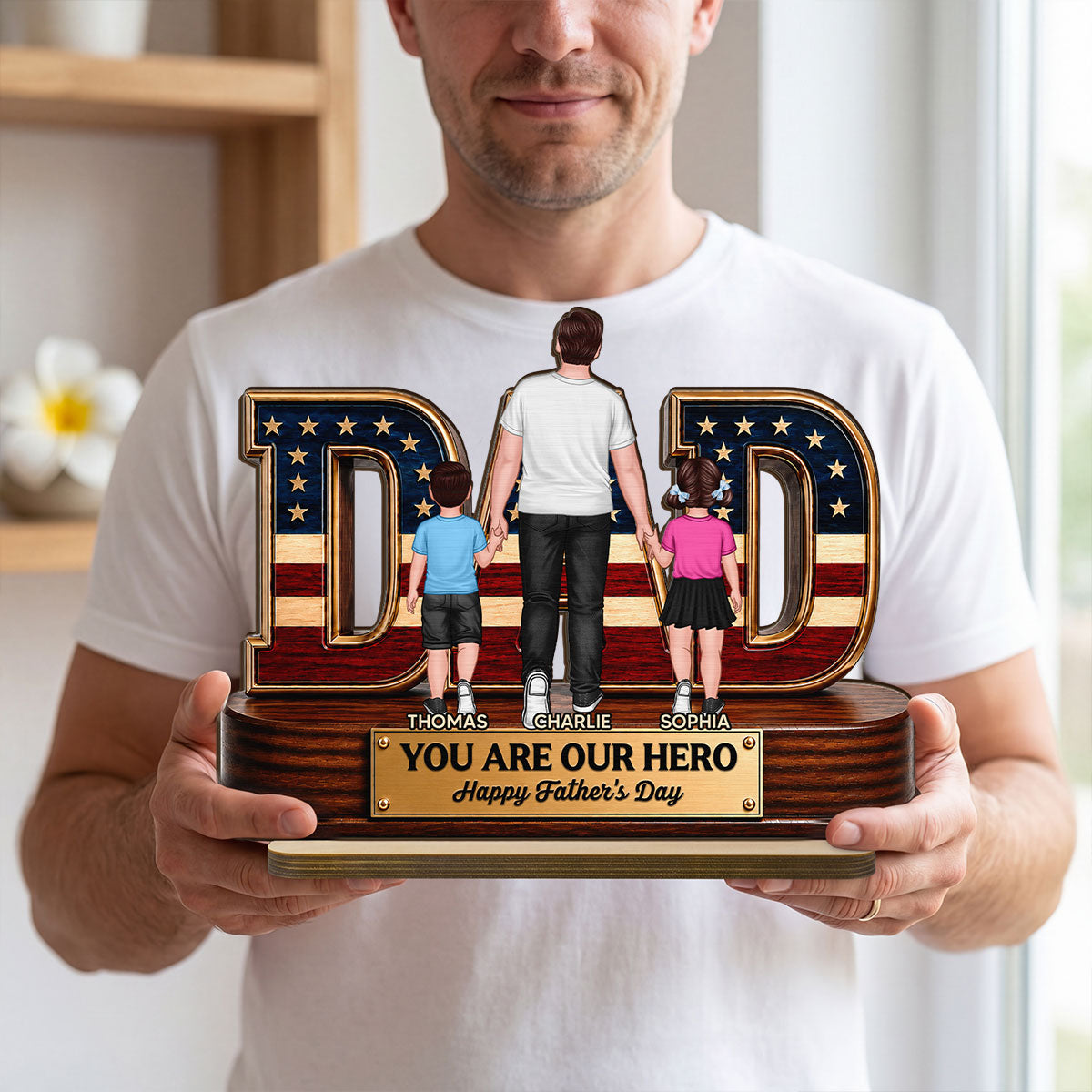 Nation Flag Dad And Kids You Are Our Hero - Personalized 2-Layered Wooden Plaque - Gift For Dad, Husband