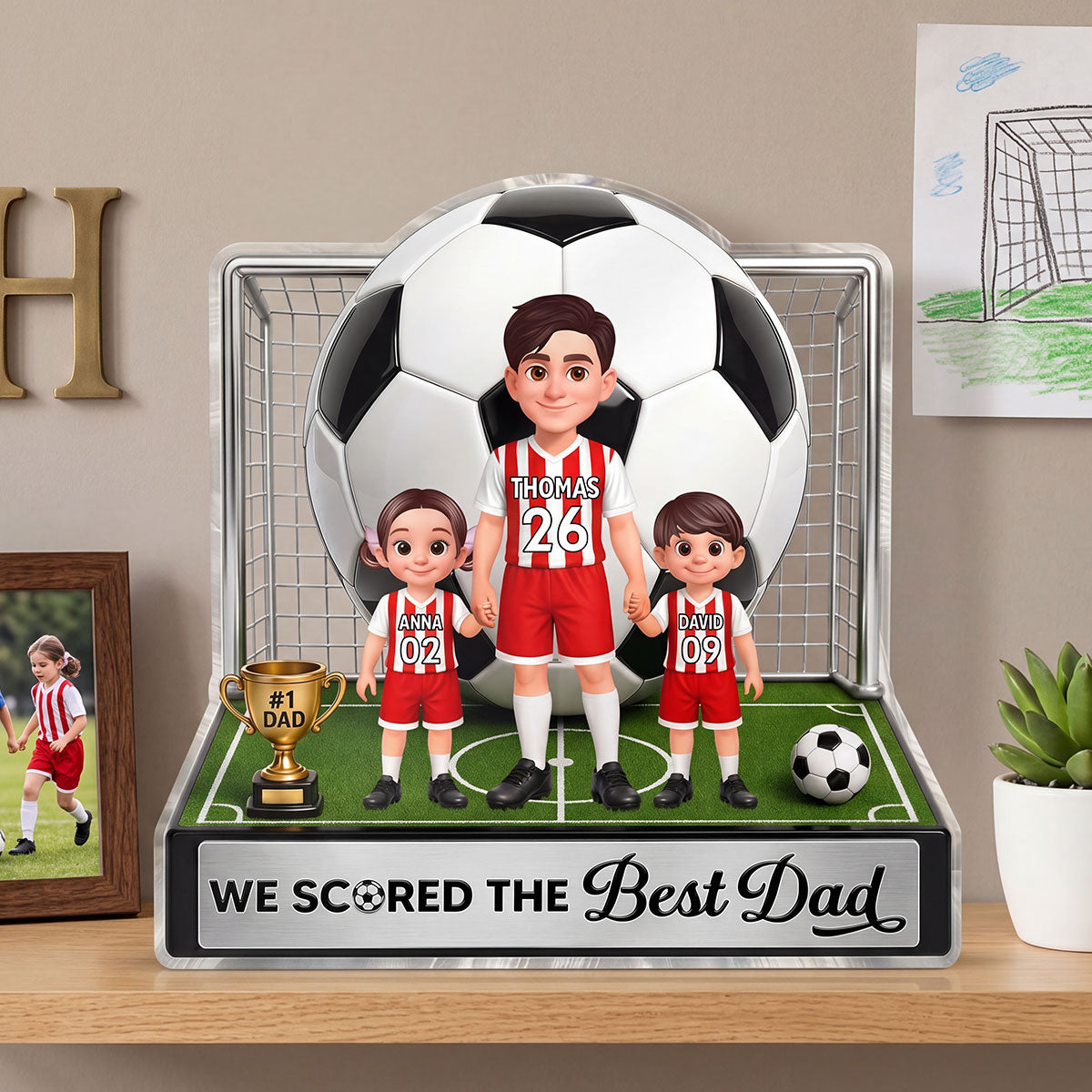 No 1 Soccer Dad And Kids We Scored The Best Dad 2D Flat Printed - Personalized Acrylic Block Plaque - Gift For Dad, Husband, Soccer Football Fans