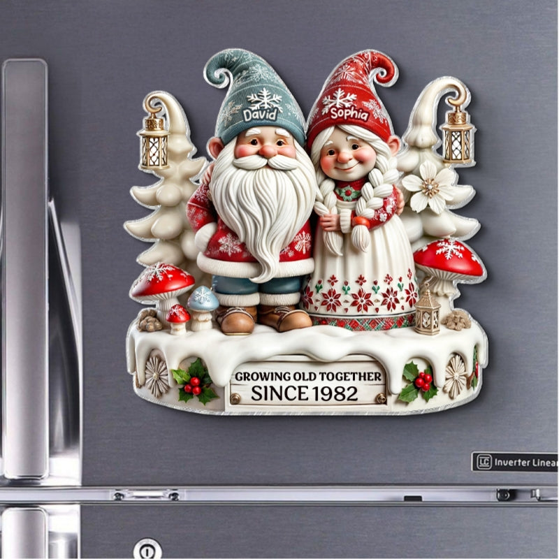 3D Effect Gnome Couple Together Personalized Acrylic Fridge Magnet, 2025 Heartfelt Gift, Anniversary Gift For Couple, For Him, For Her, Husband, Wife