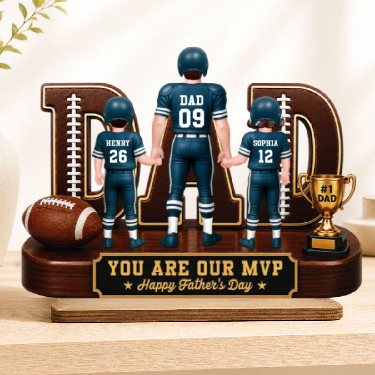American Football No 1 Dad Legend Daddy's Dream Team - Personalized 2-Layered Wooden Plaque - Gift For Dad