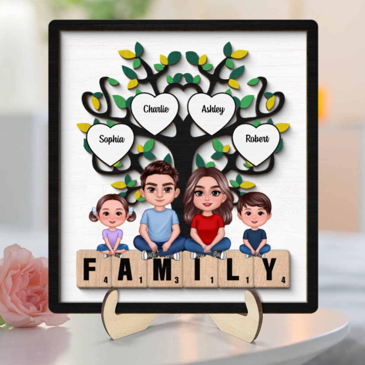 Family Crossed Legs Under Tree On Text Personalized 2-layer Wooden Plaque