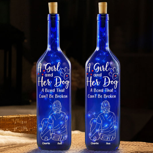 A Girl With Her Dog - Personalized Blue Bottle Lamp