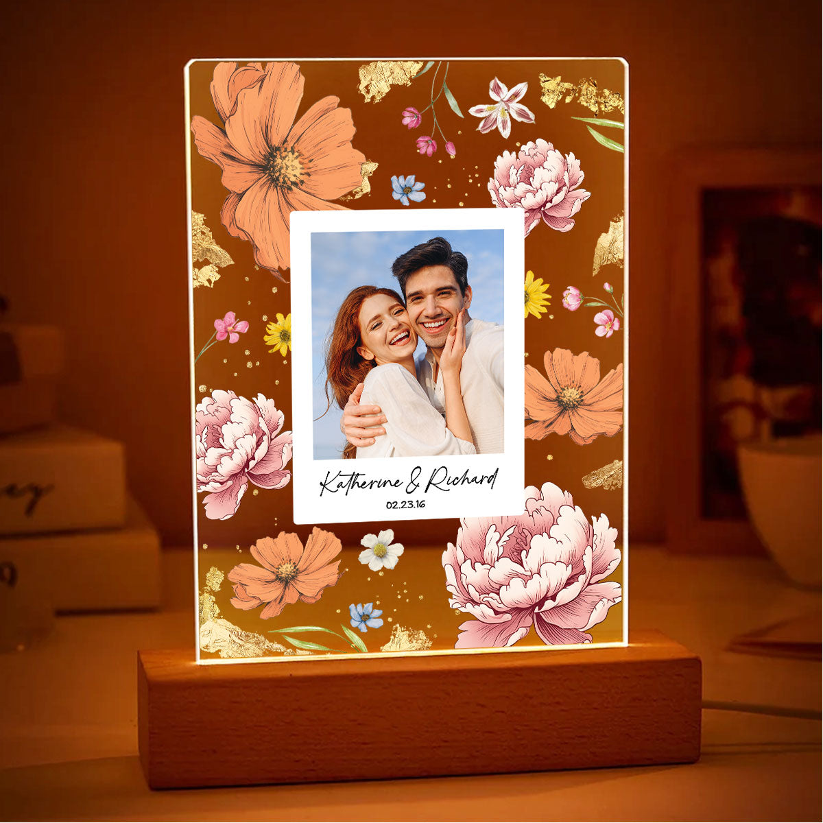 Couple Upload Photo Birth Month Flowers Personalized Acrylic LED Night Light, Anniversary Gift, Gift