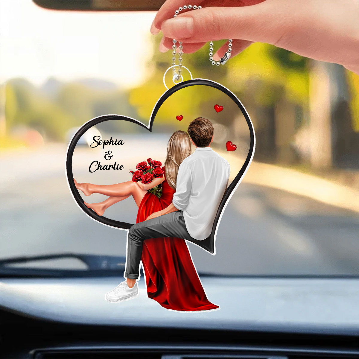 Couple Sitting On Heart Personalized Acrylic Car Hanger, Gift, Anniversary Gift for Couples