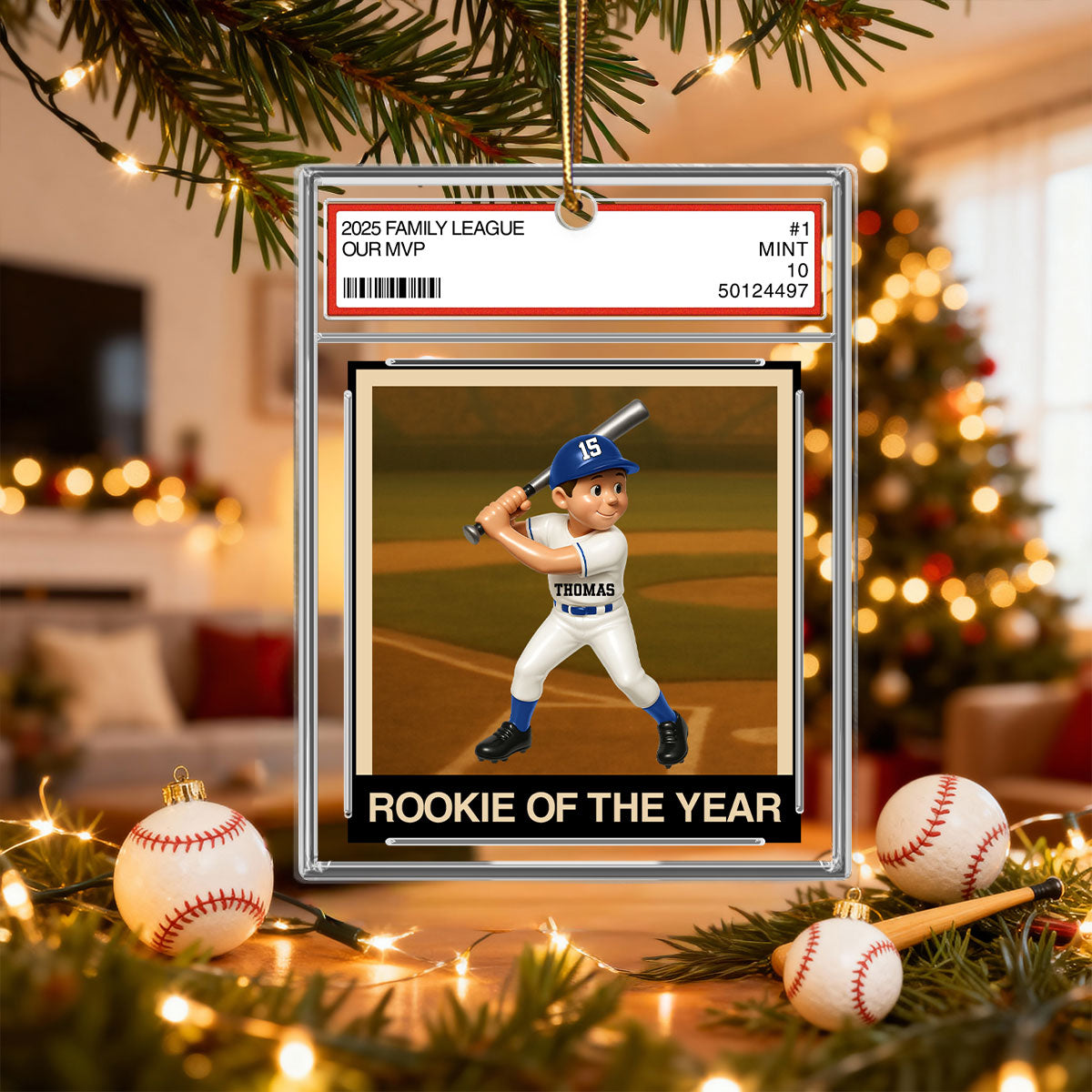 Baseball Player Family League Trading Card Style - Personalized Acrylic Ornament - Christmas Gift For Son, Grandson