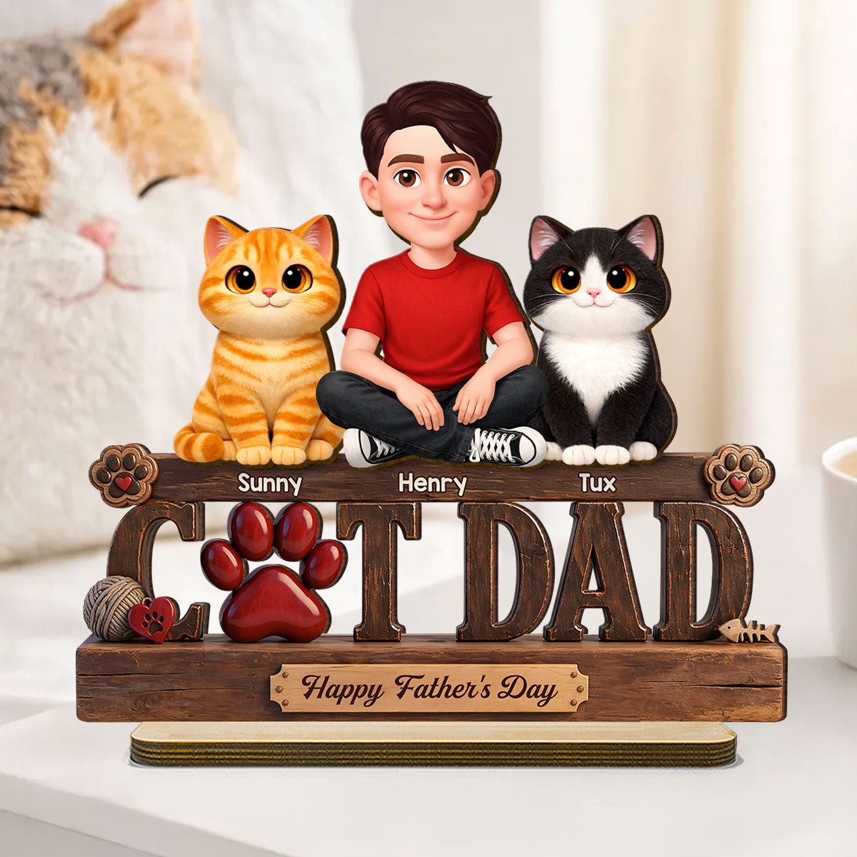 Best Cat Dad Happy - Personalized 2-Layered Wooden Plaque - Gift For Cat Dad, Cat Lovers