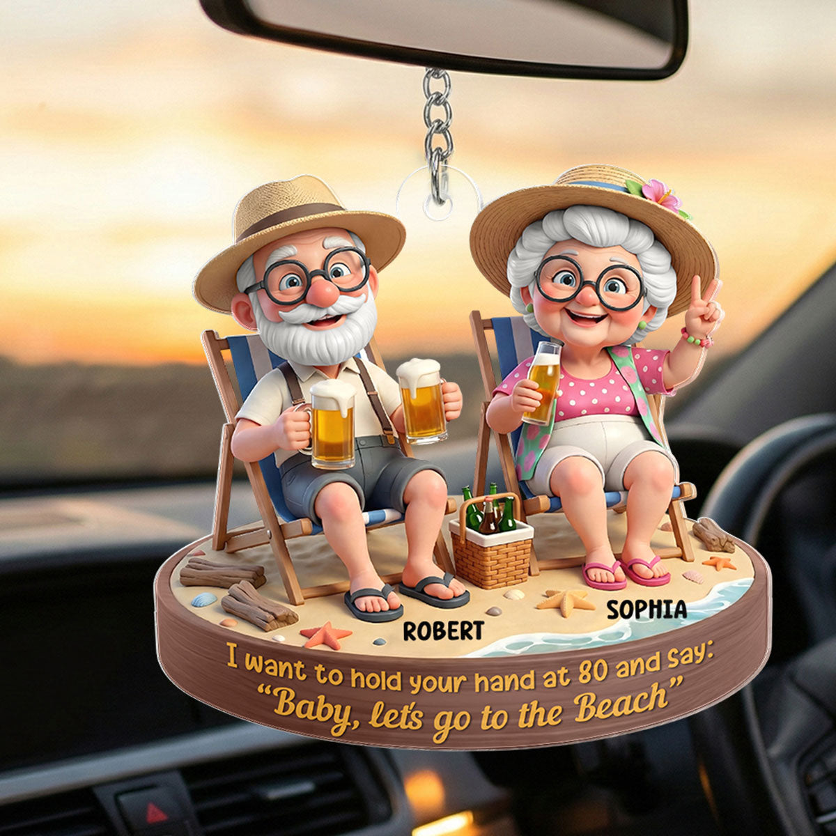 3D Effect Old Couple Baby Let's Go to the Beach - Personalized Acrylic Keychain - Sentimental Gift for him, for her