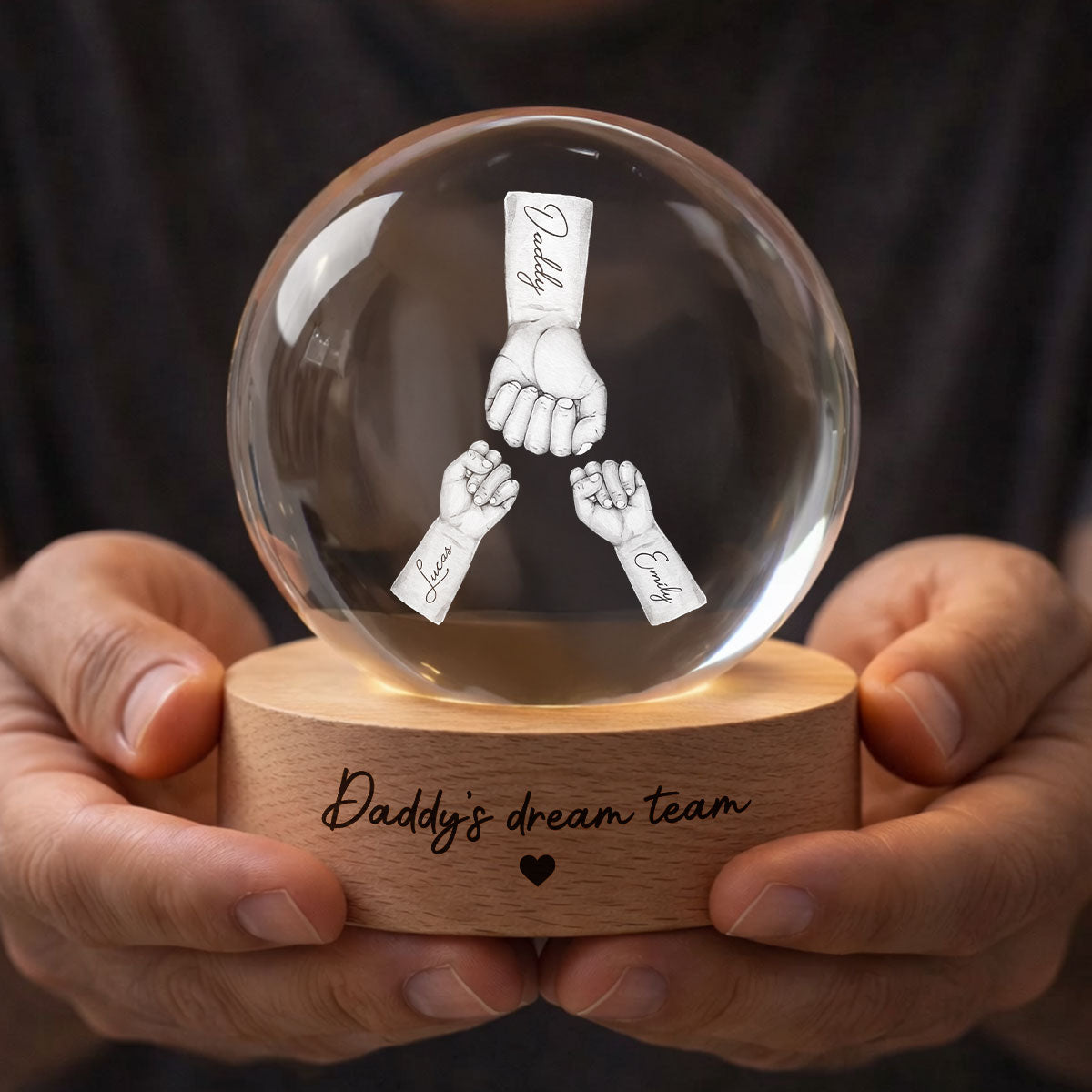 Daddy's Dream Team - Personalized Crystal Ball LED Night Light - Gift for Dad, Husband