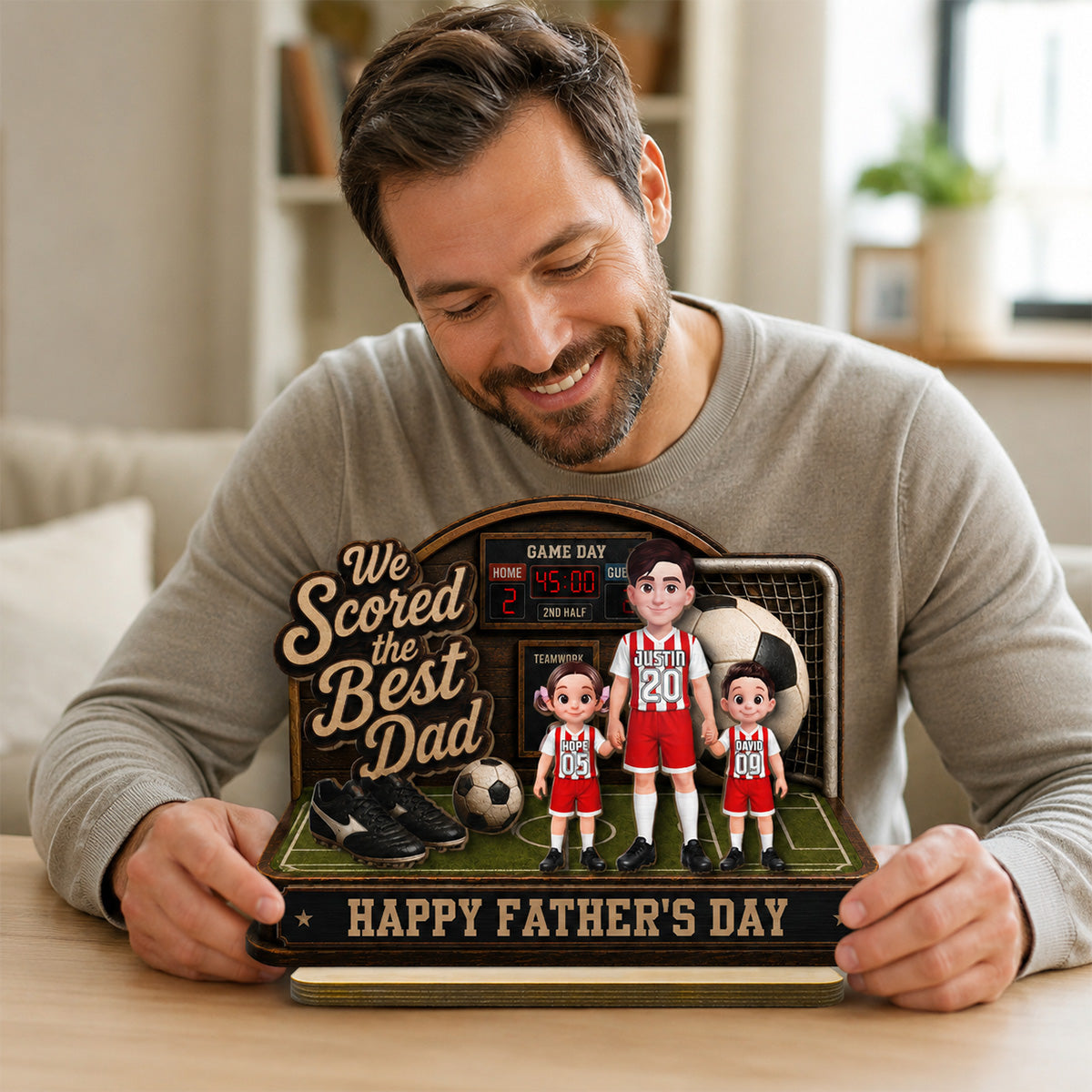 Soccer Dad & Kids On Court 2D Flat - Personalized 2-Layered Wooden Plaque - Gift For Soccer Dad, UK Football Dad